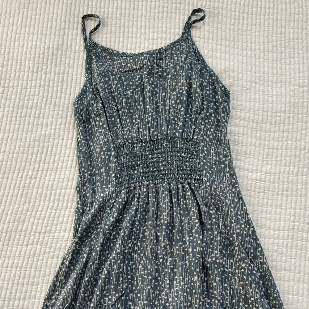 Mahina Women’s Summer Dress Dark Sage and Cream Spots, Slit in Front - Picture 6 of 8
